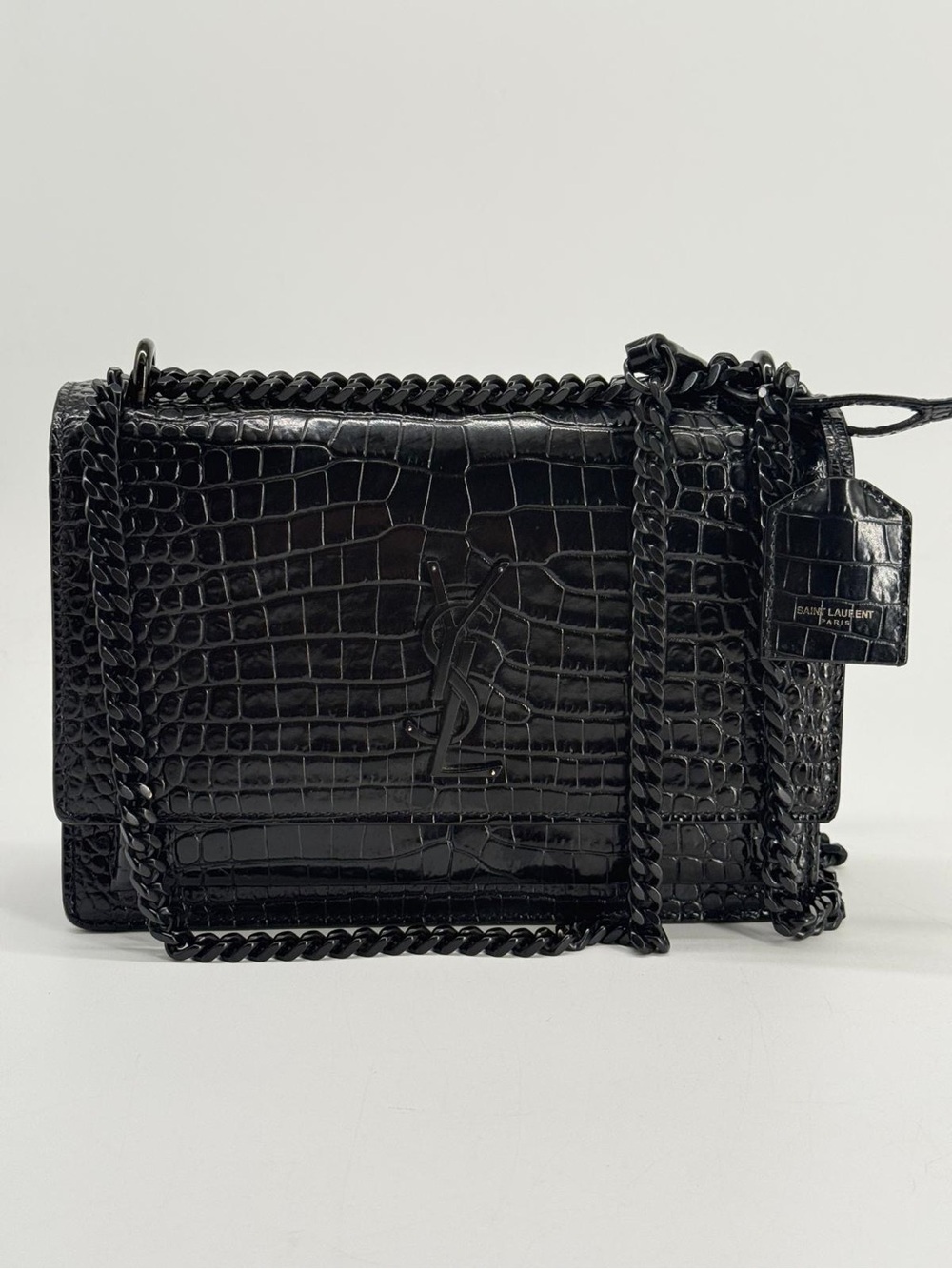 Calfskin Crocodile Sunset Embossed Medium Monochrome Black Bag